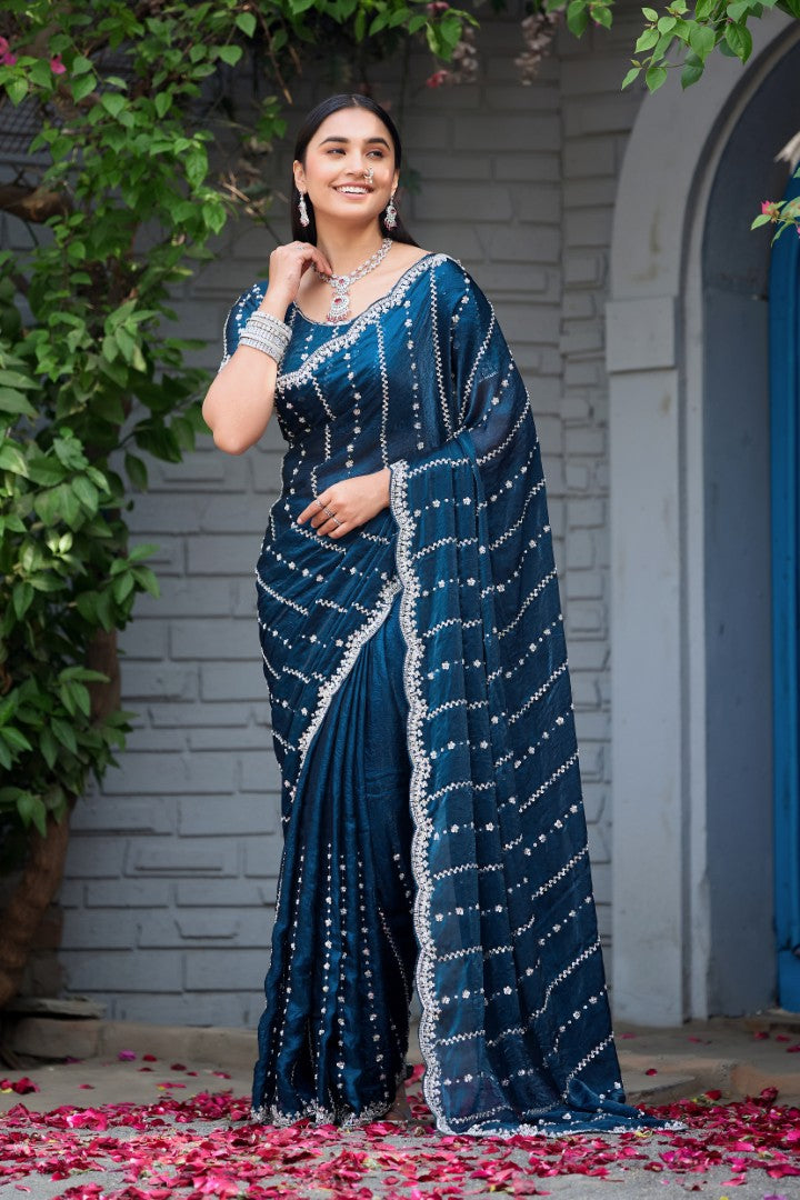 Heer Fandy Satin Embellished Saree with Designer Blouse – Elegant Festive & Party Wear