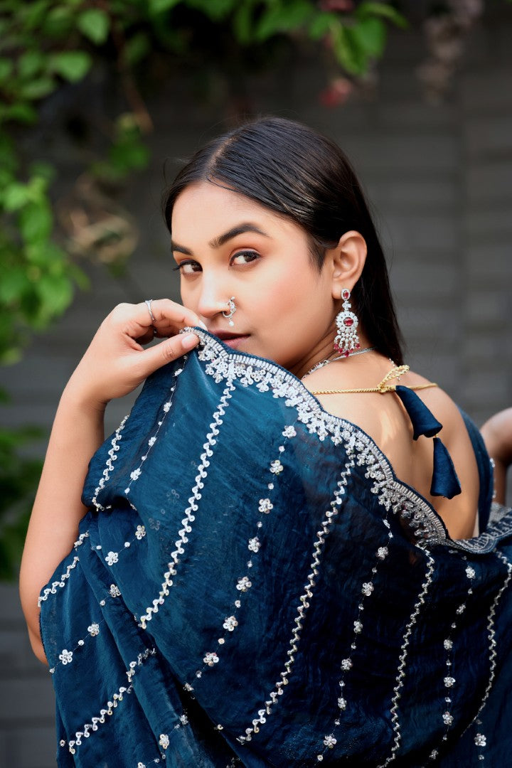 Heer Fandy Satin Embellished Saree with Designer Blouse – Elegant Festive & Party Wear