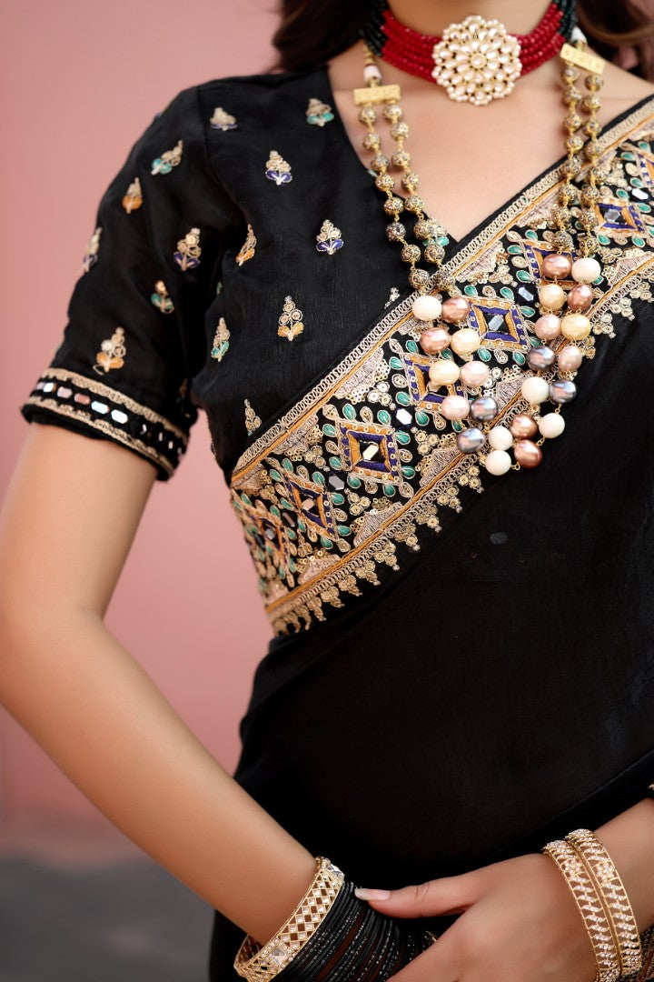 Devika Fandy Satin Embroidered Saree with Designer Blouse