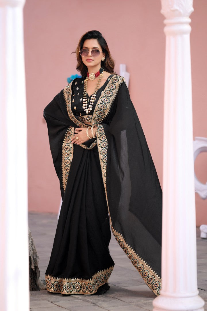 Devika Fandy Satin Embroidered Saree with Designer Blouse