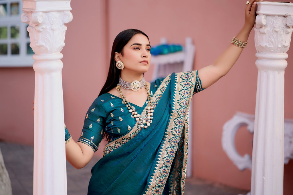 Devika Fandy Satin Embroidered Saree with Designer Blouse