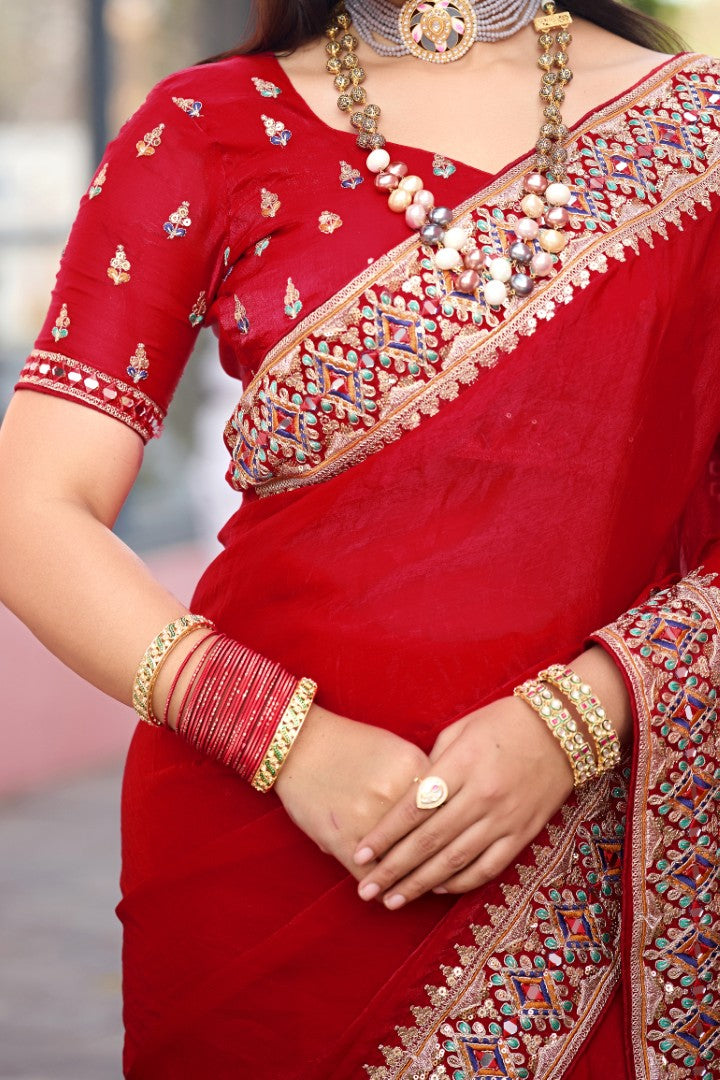 Devika Fandy Satin Embroidered Saree with Designer Blouse