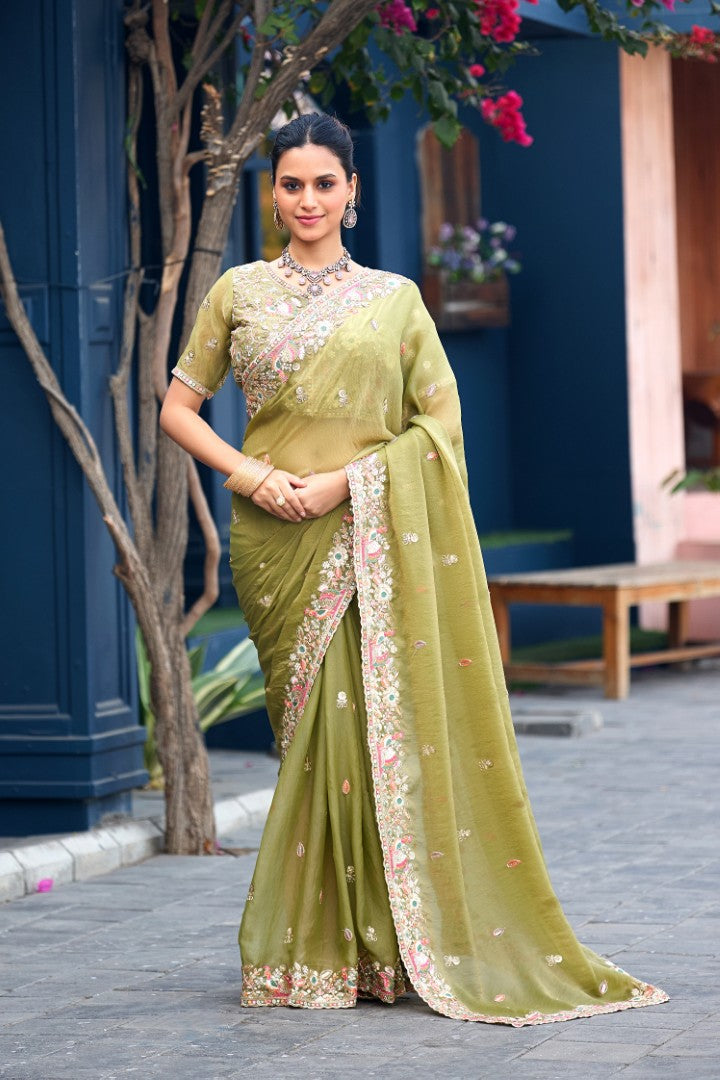 Afsana Moss Shimmer Embroidered Saree with Designer Blouse