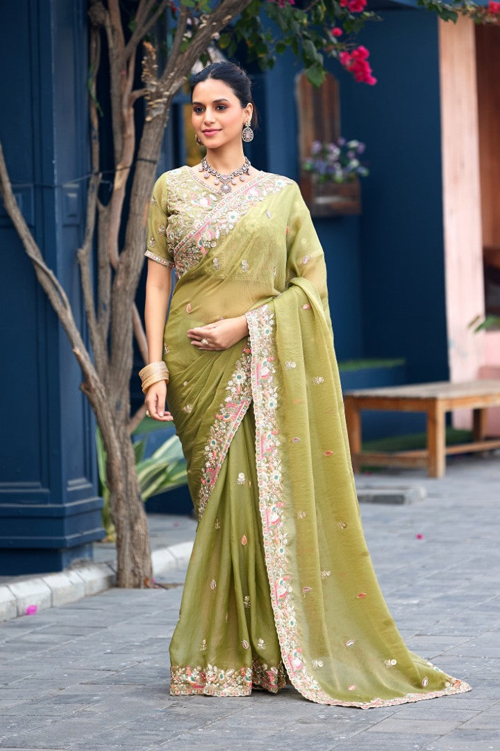 Afsana Moss Shimmer Embroidered Saree with Designer Blouse
