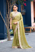 Afsana Moss Shimmer Embroidered Saree with Designer Blouse