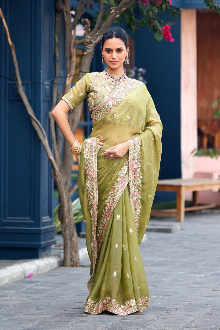 Afsana Moss Shimmer Embroidered Saree with Designer Blouse