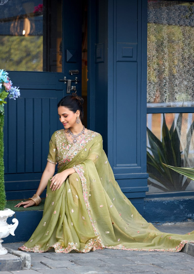 Afsana Moss Shimmer Embroidered Saree with Designer Blouse