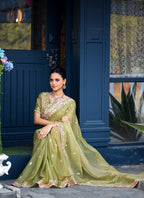 Afsana Moss Shimmer Embroidered Saree with Designer Blouse