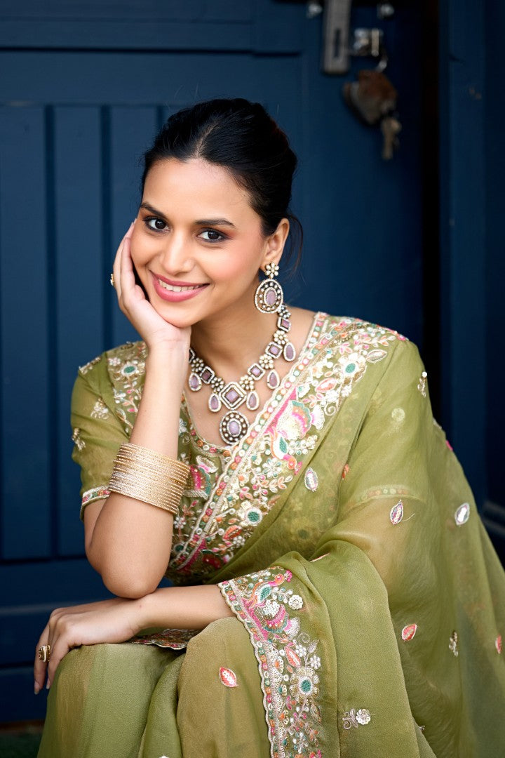 Afsana Moss Shimmer Embroidered Saree with Designer Blouse