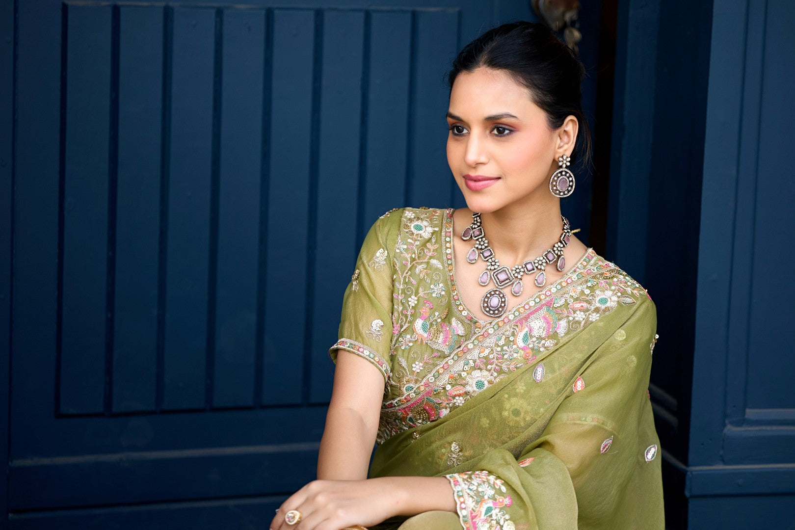 Afsana Moss Shimmer Embroidered Saree with Designer Blouse