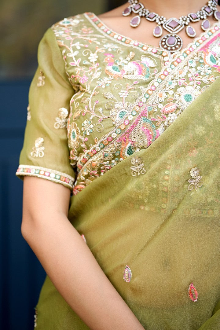 Afsana Moss Shimmer Embroidered Saree with Designer Blouse
