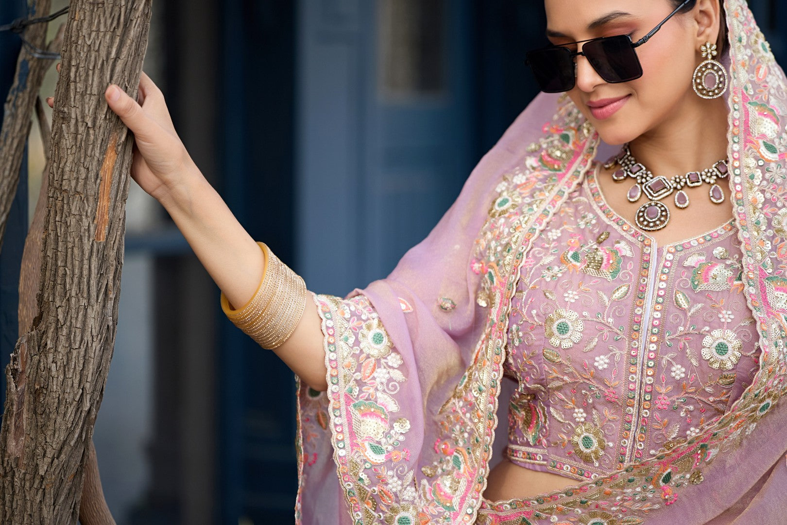 Afsana Moss Shimmer Embroidered Saree with Designer Blouse