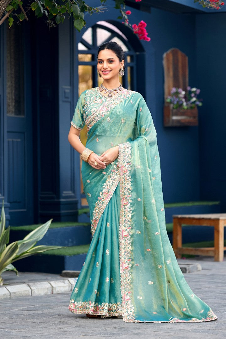 Afsana Moss Shimmer Embroidered Saree with Designer Blouse