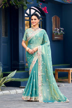 Afsana Moss Shimmer Embroidered Saree with Designer Blouse