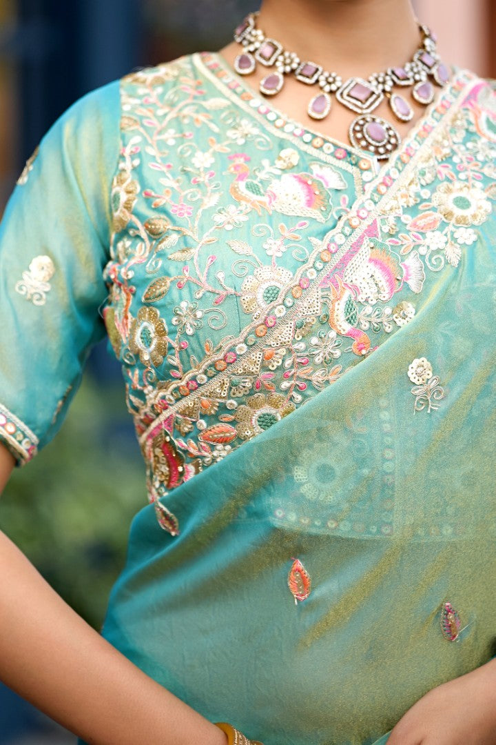 Afsana Moss Shimmer Embroidered Saree with Designer Blouse