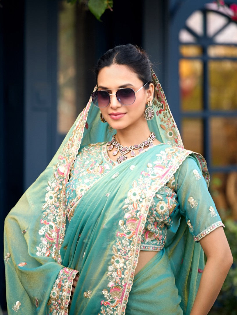 Afsana Moss Shimmer Embroidered Saree with Designer Blouse