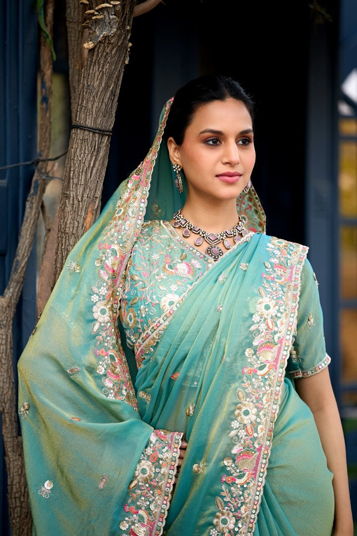 Afsana Moss Shimmer Embroidered Saree with Designer Blouse
