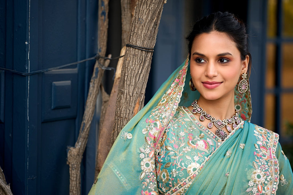 Afsana Moss Shimmer Embroidered Saree with Designer Blouse