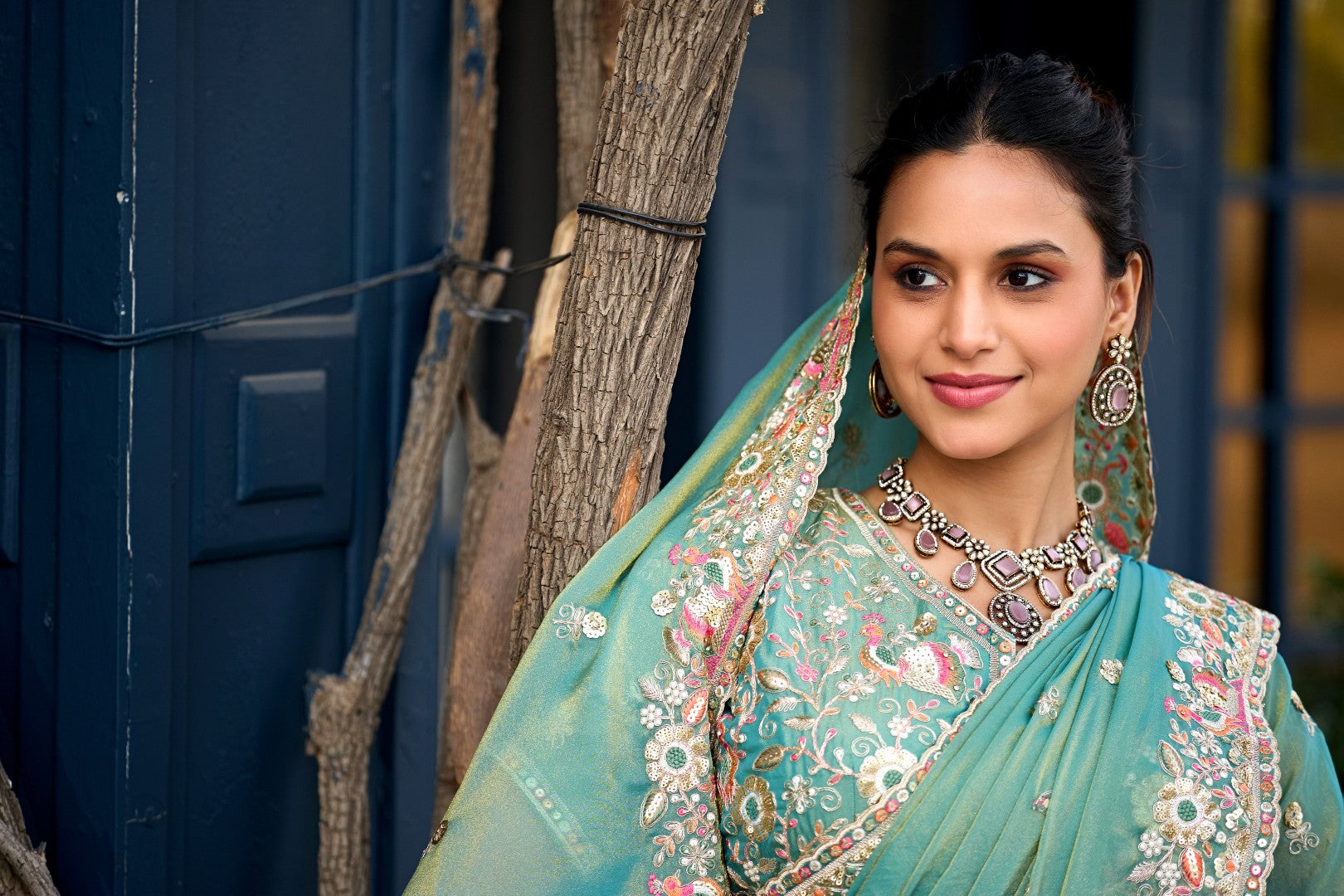 Afsana Moss Shimmer Embroidered Saree with Designer Blouse