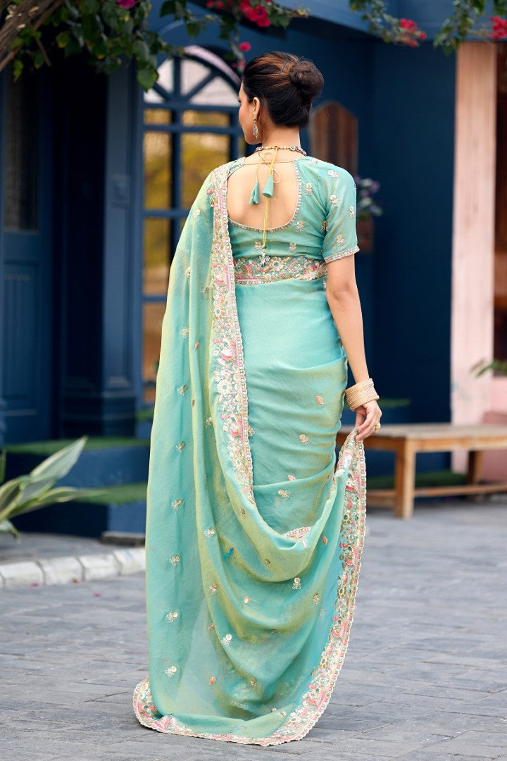 Afsana Moss Shimmer Embroidered Saree with Designer Blouse