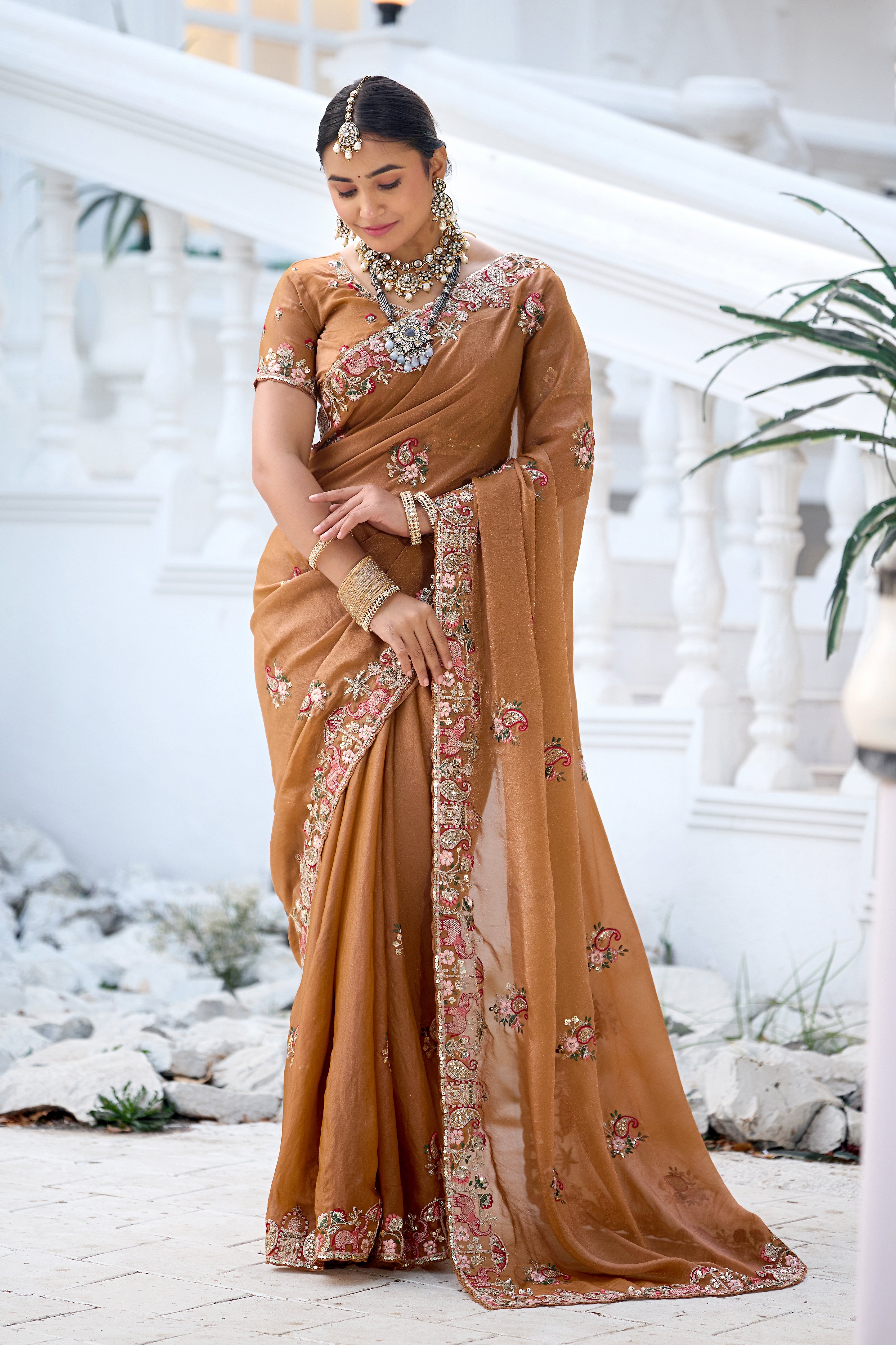 Nazakat Moss Shimmer Embroidered Saree with Designer Blouse