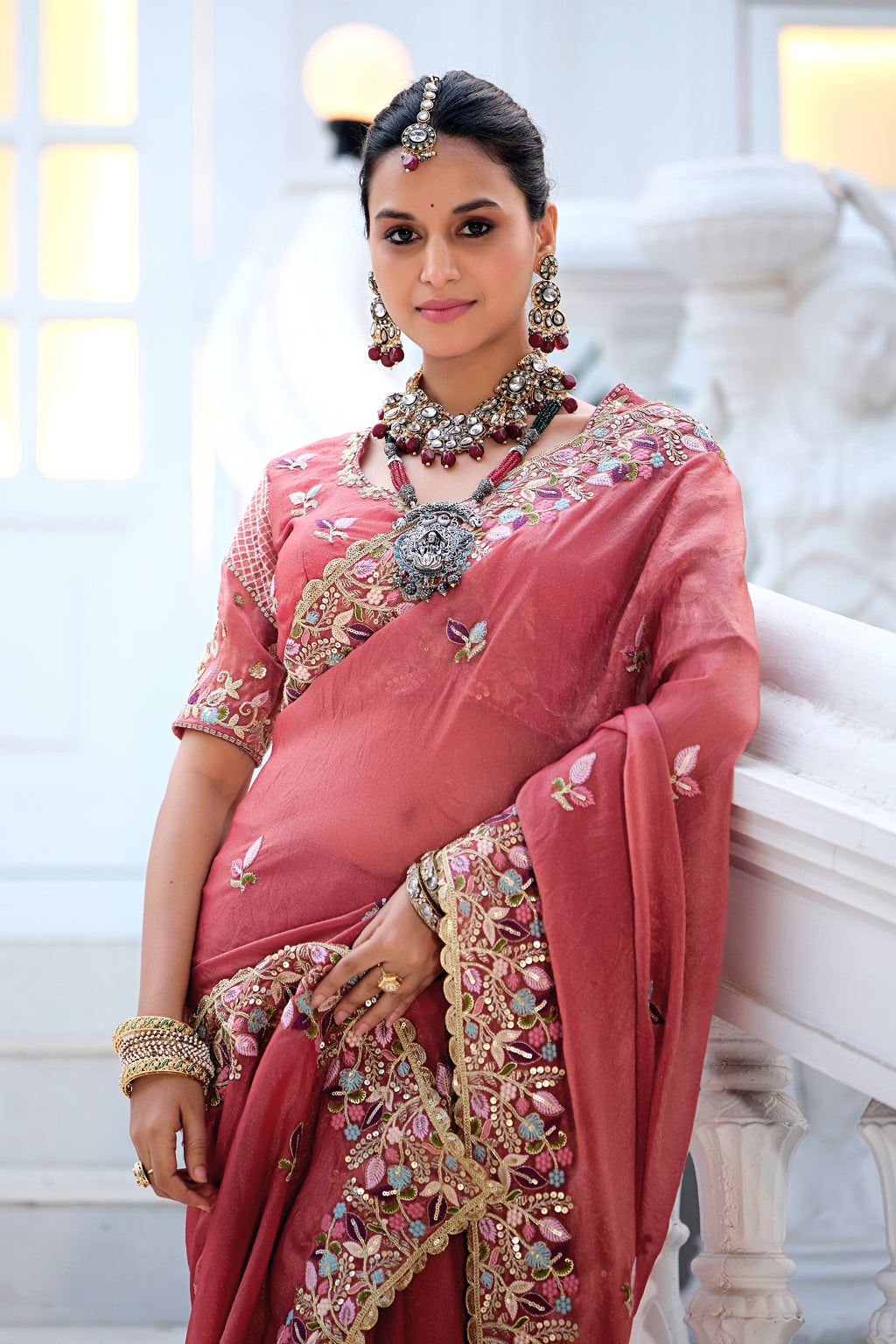 Mohini Moss Shimmer Embroidered Saree with Designer Blouse