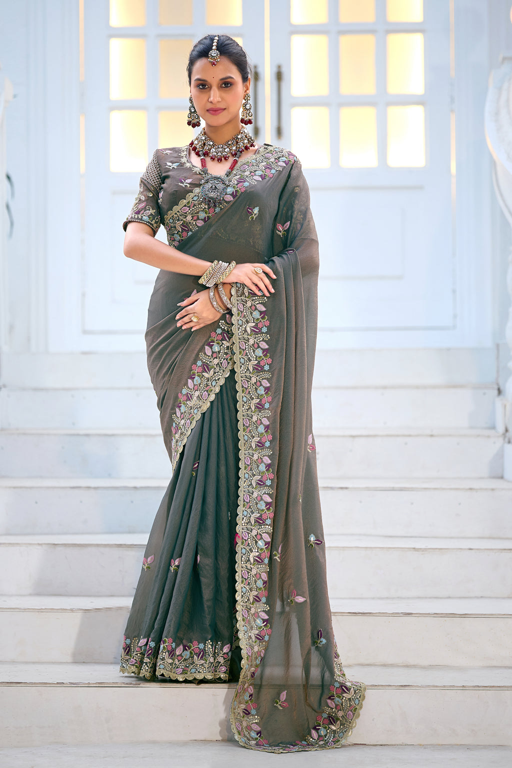 Mohini Moss Shimmer Embroidered Saree with Designer Blouse