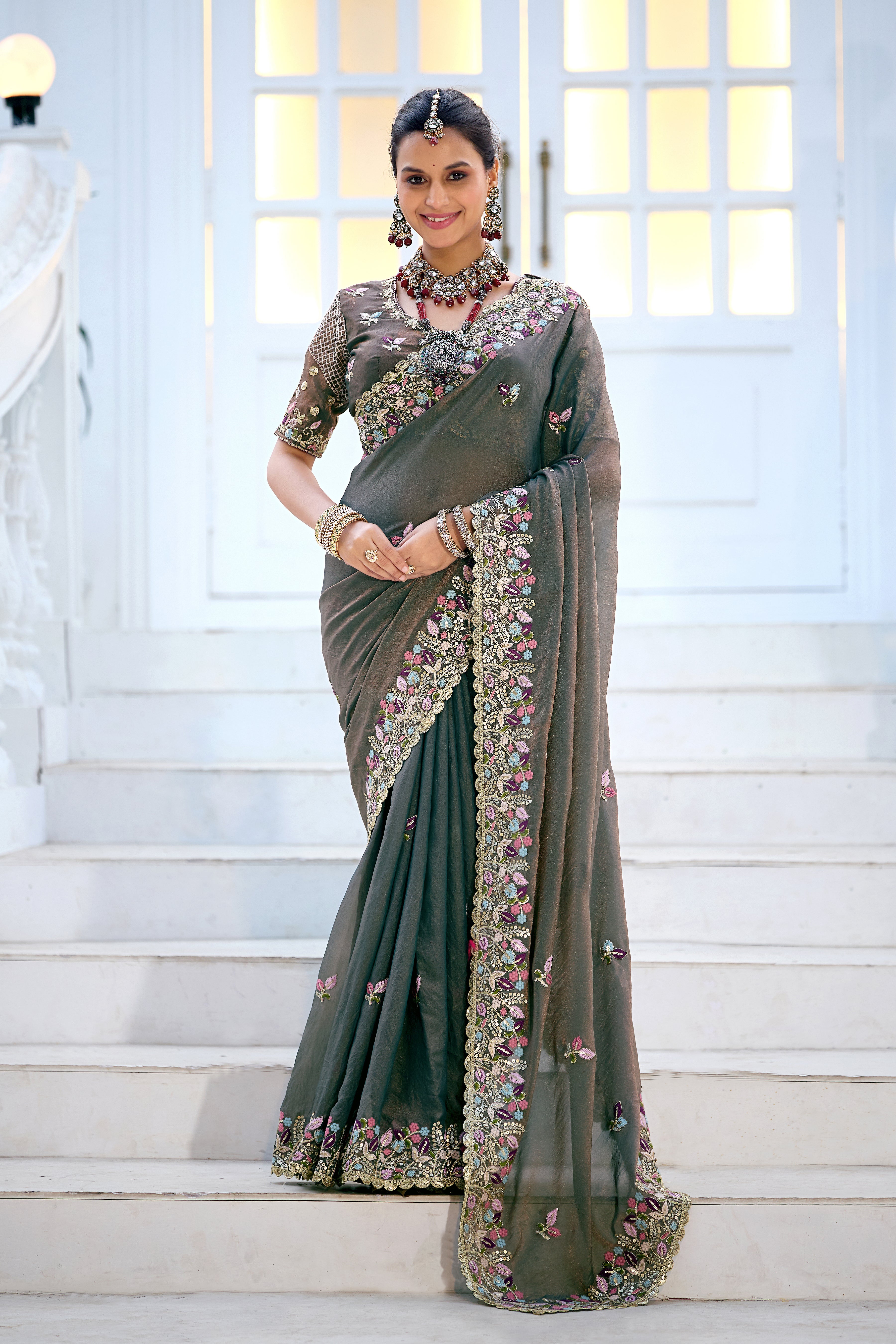 Mohini Moss Shimmer Embroidered Saree with Designer Blouse