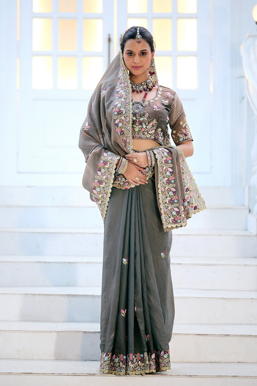 Mohini Moss Shimmer Embroidered Saree with Designer Blouse