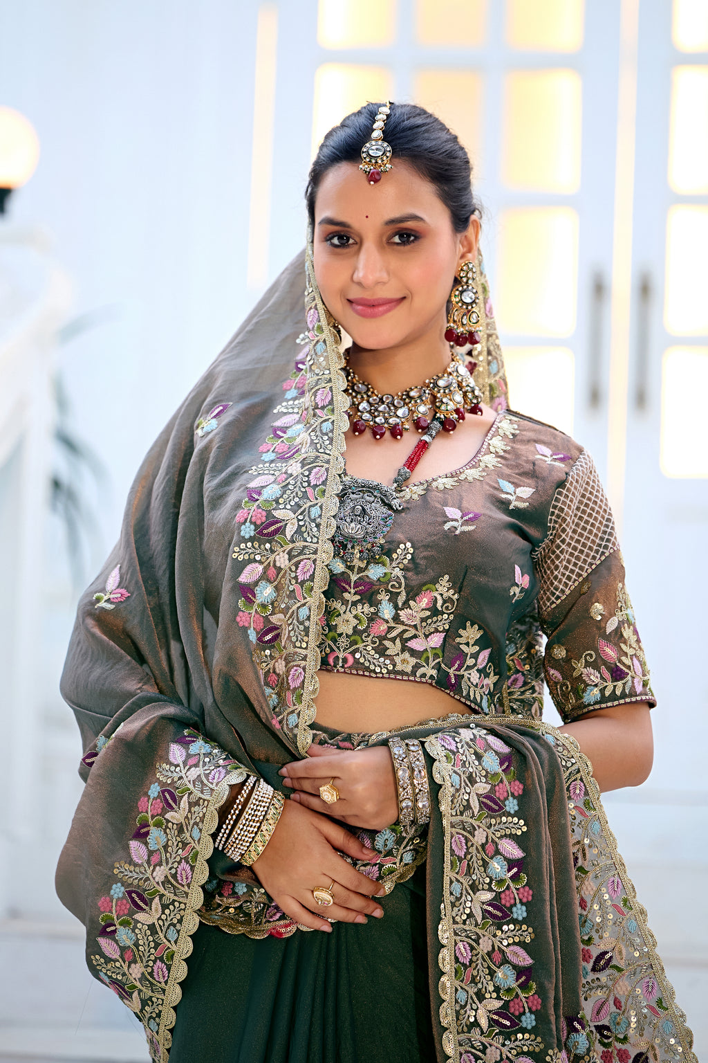 Mohini Moss Shimmer Embroidered Saree with Designer Blouse