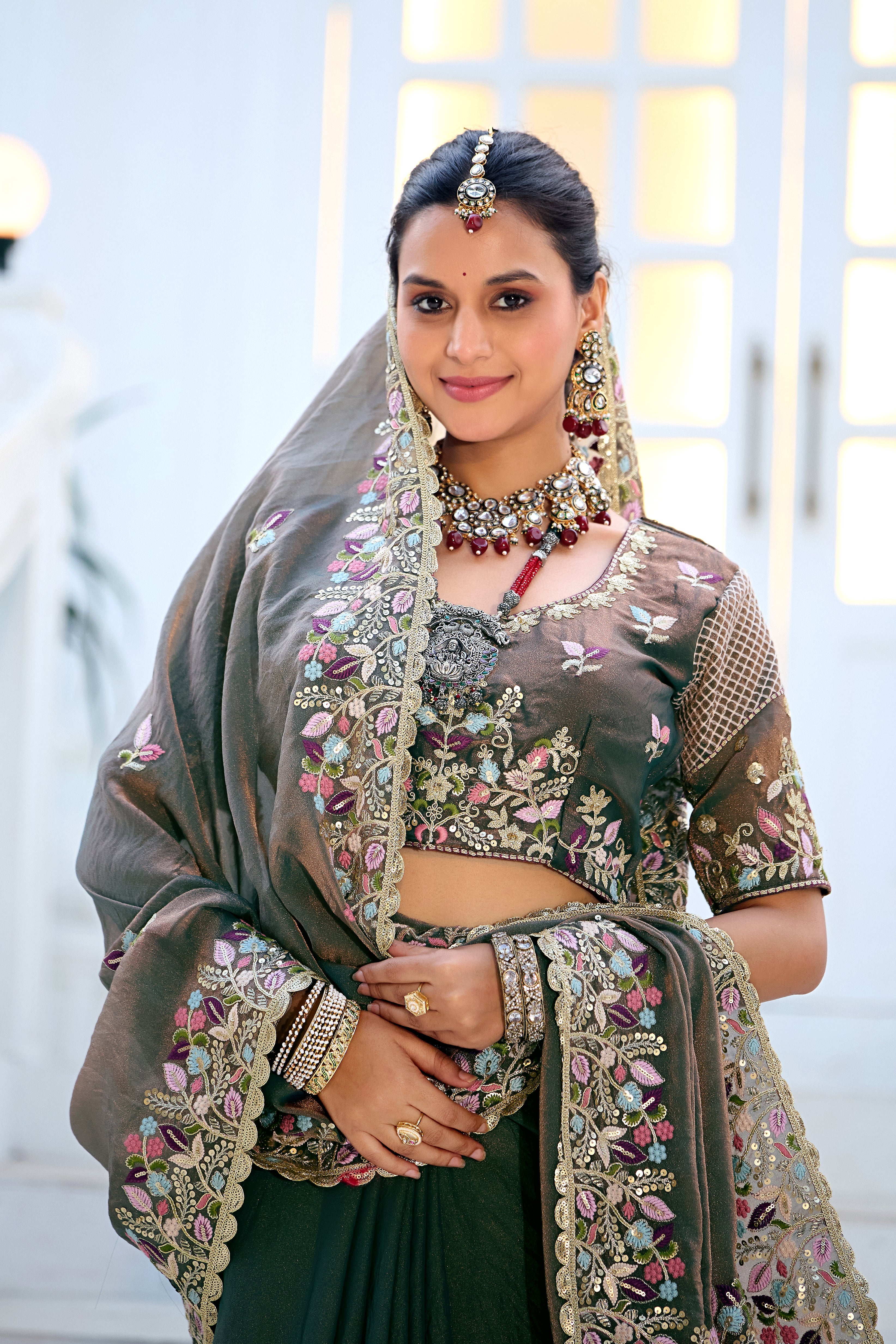 Mohini Moss Shimmer Embroidered Saree with Designer Blouse