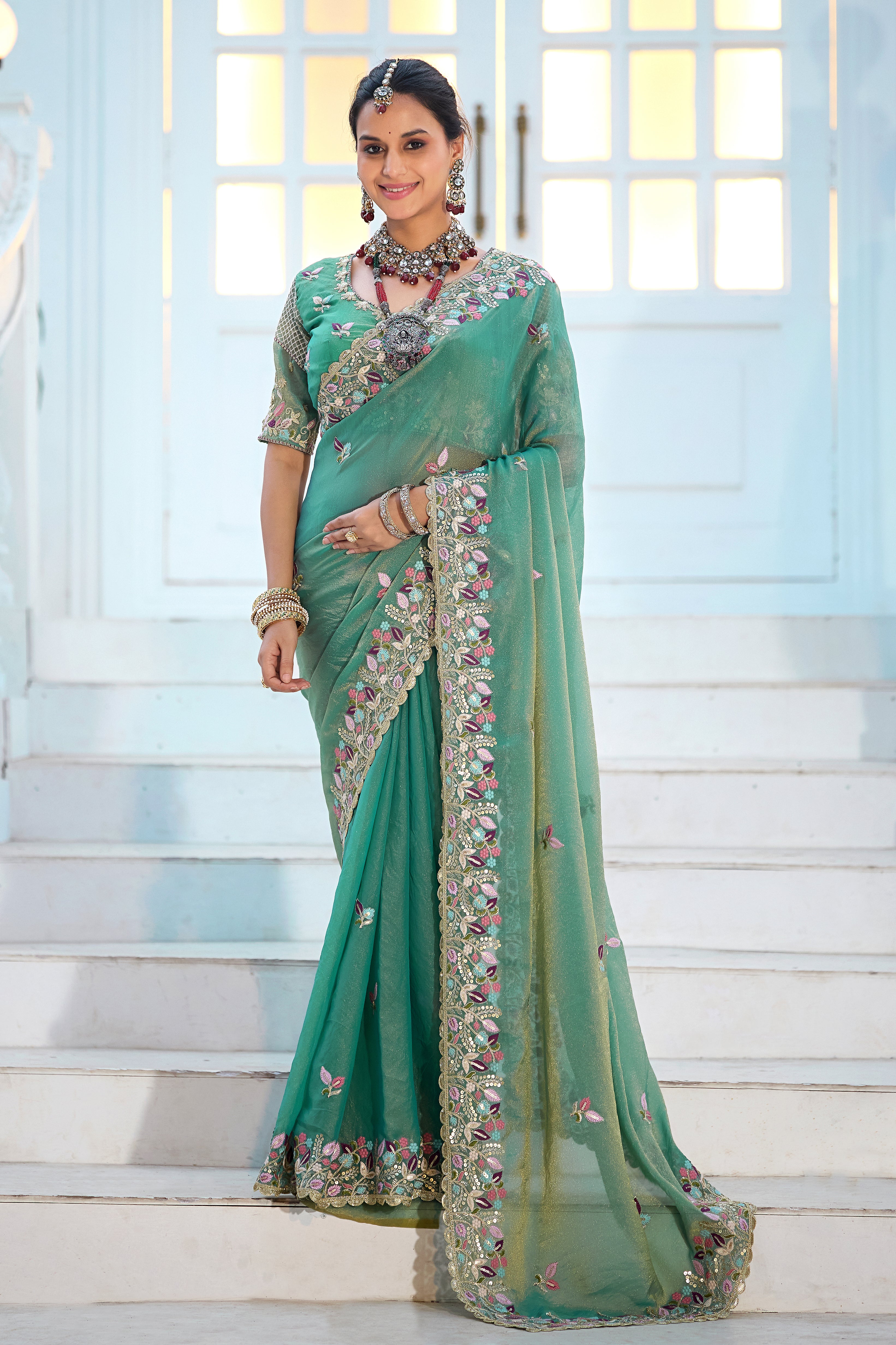 Mohini Moss Shimmer Embroidered Saree with Designer Blouse
