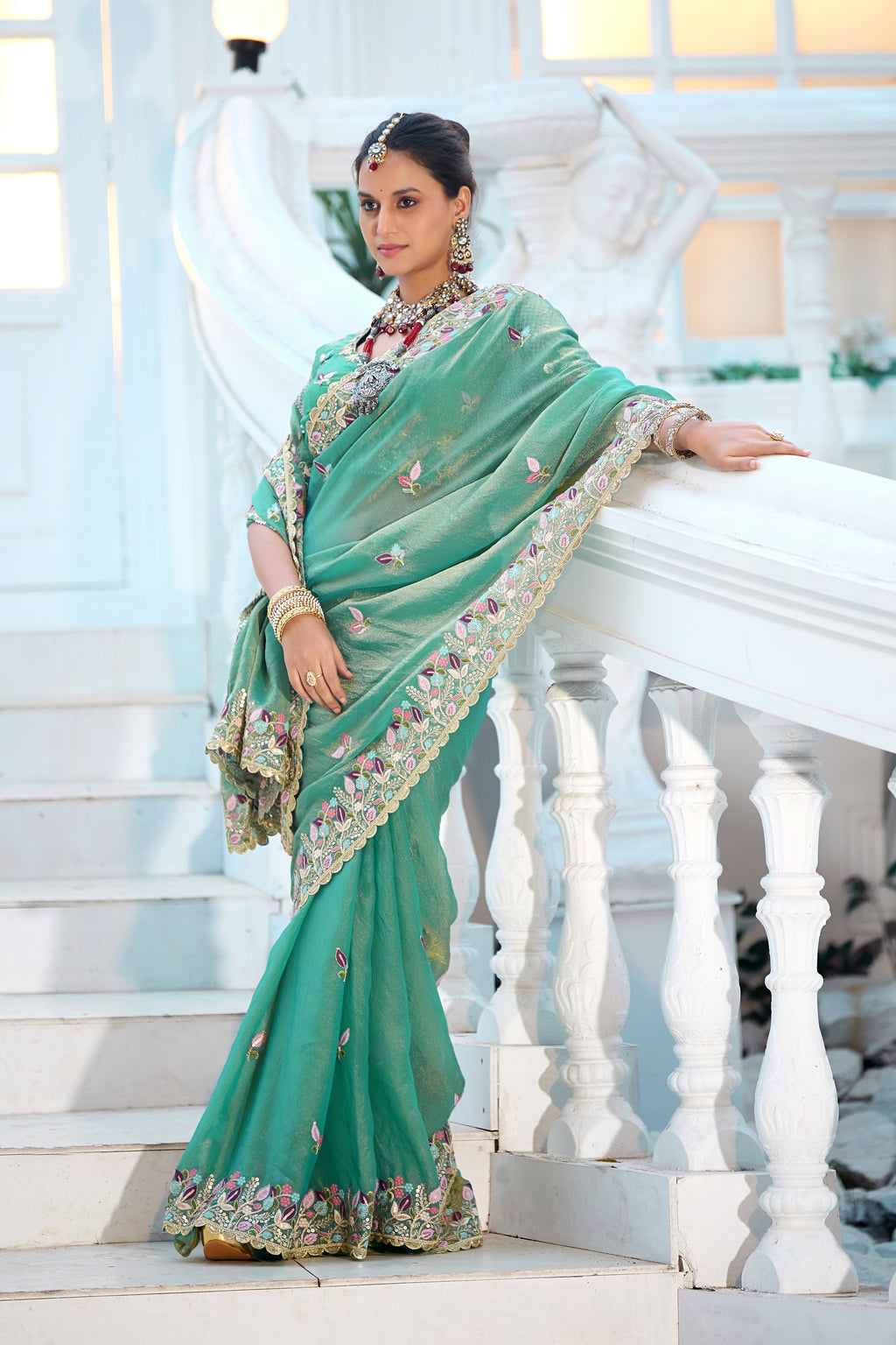 Mohini Moss Shimmer Embroidered Saree with Designer Blouse