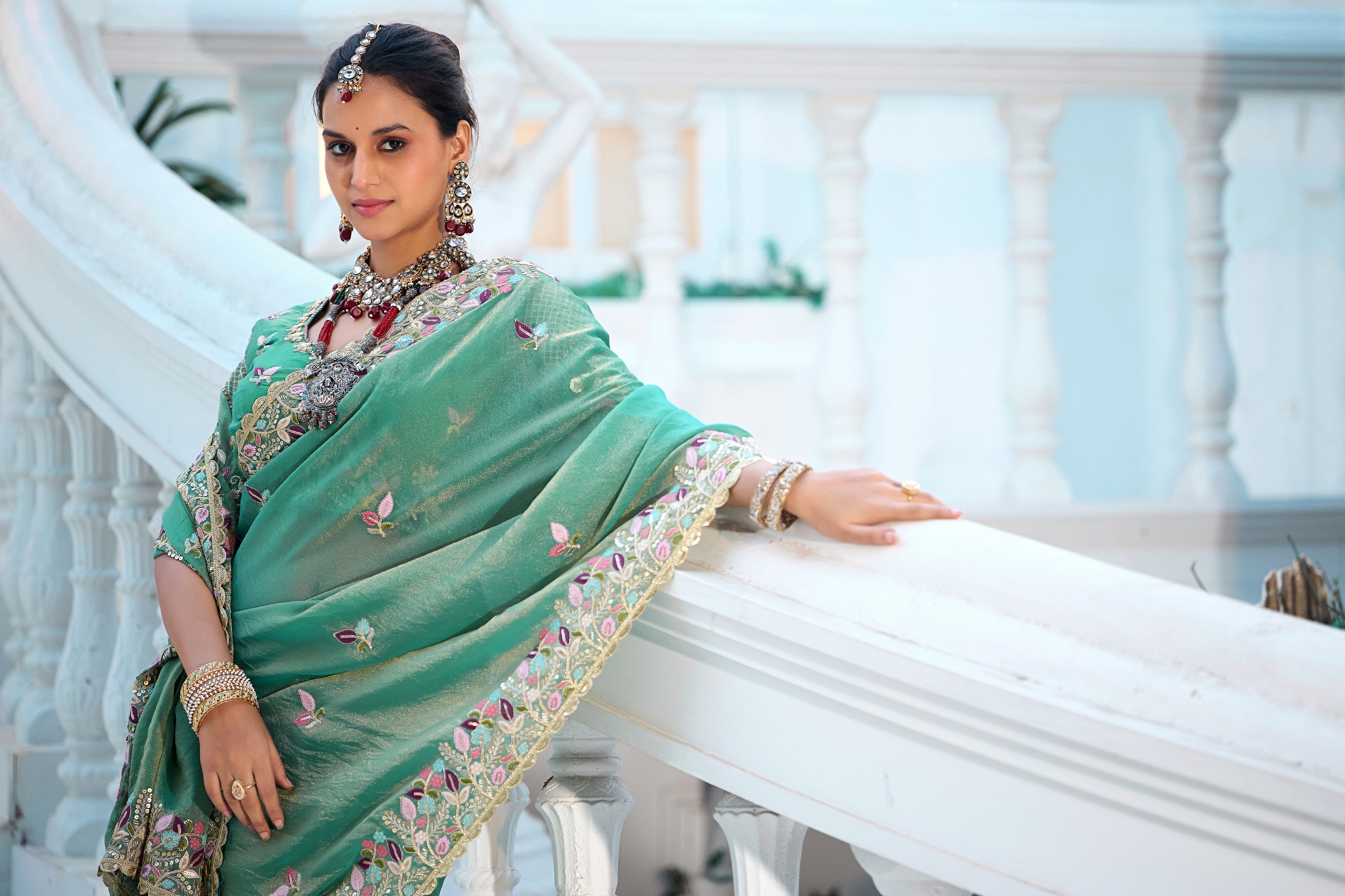 Mohini Moss Shimmer Embroidered Saree with Designer Blouse