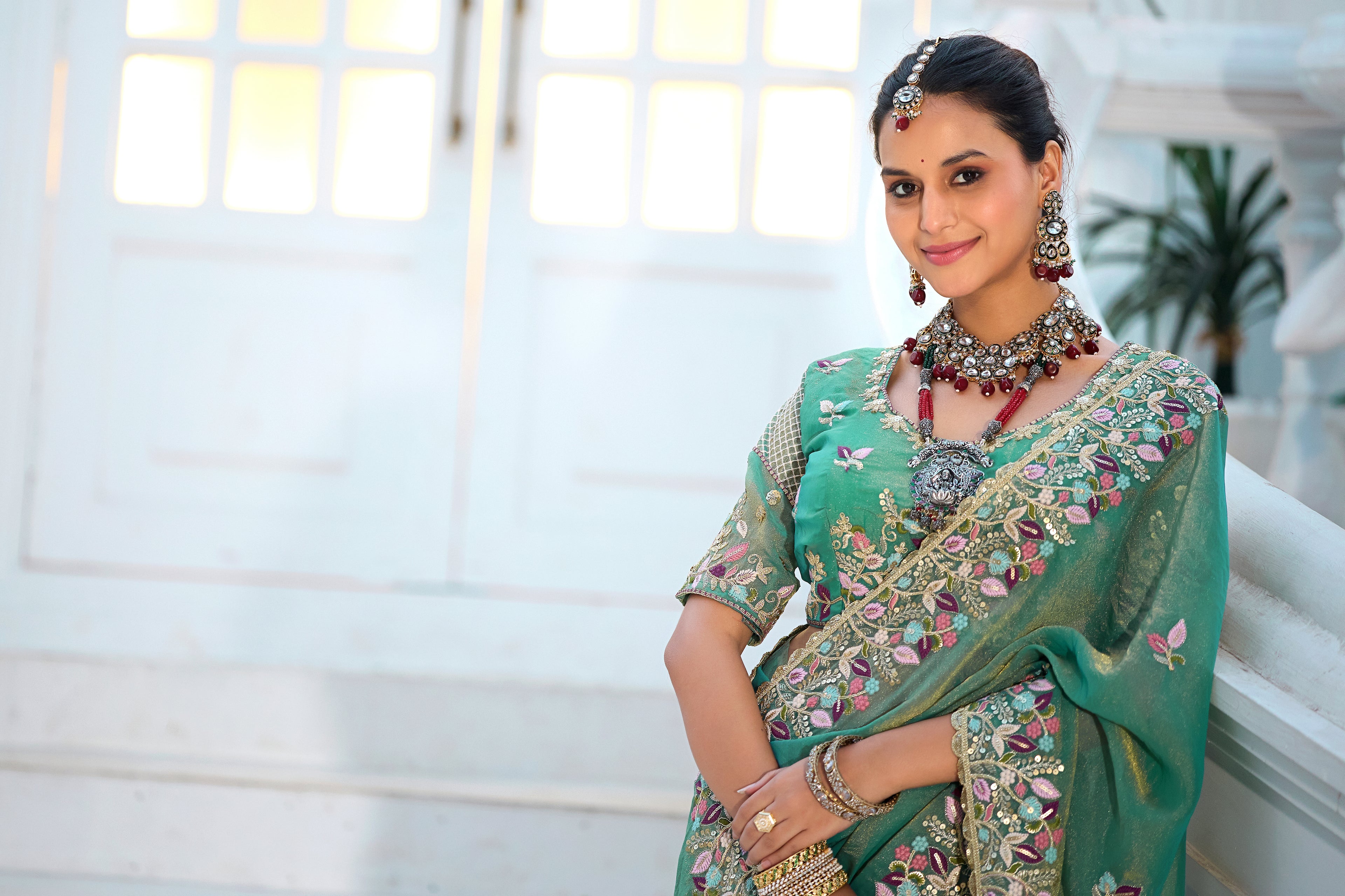 Mohini Moss Shimmer Embroidered Saree with Designer Blouse