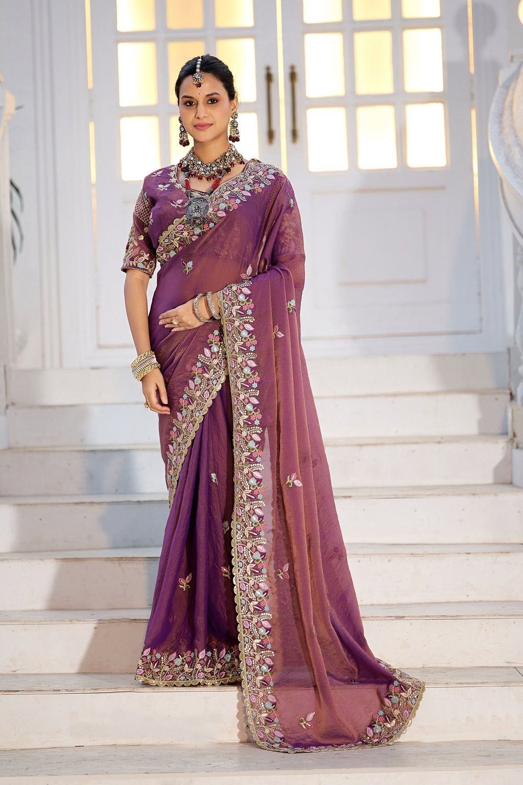 Mohini Moss Shimmer Embroidered Saree with Designer Blouse