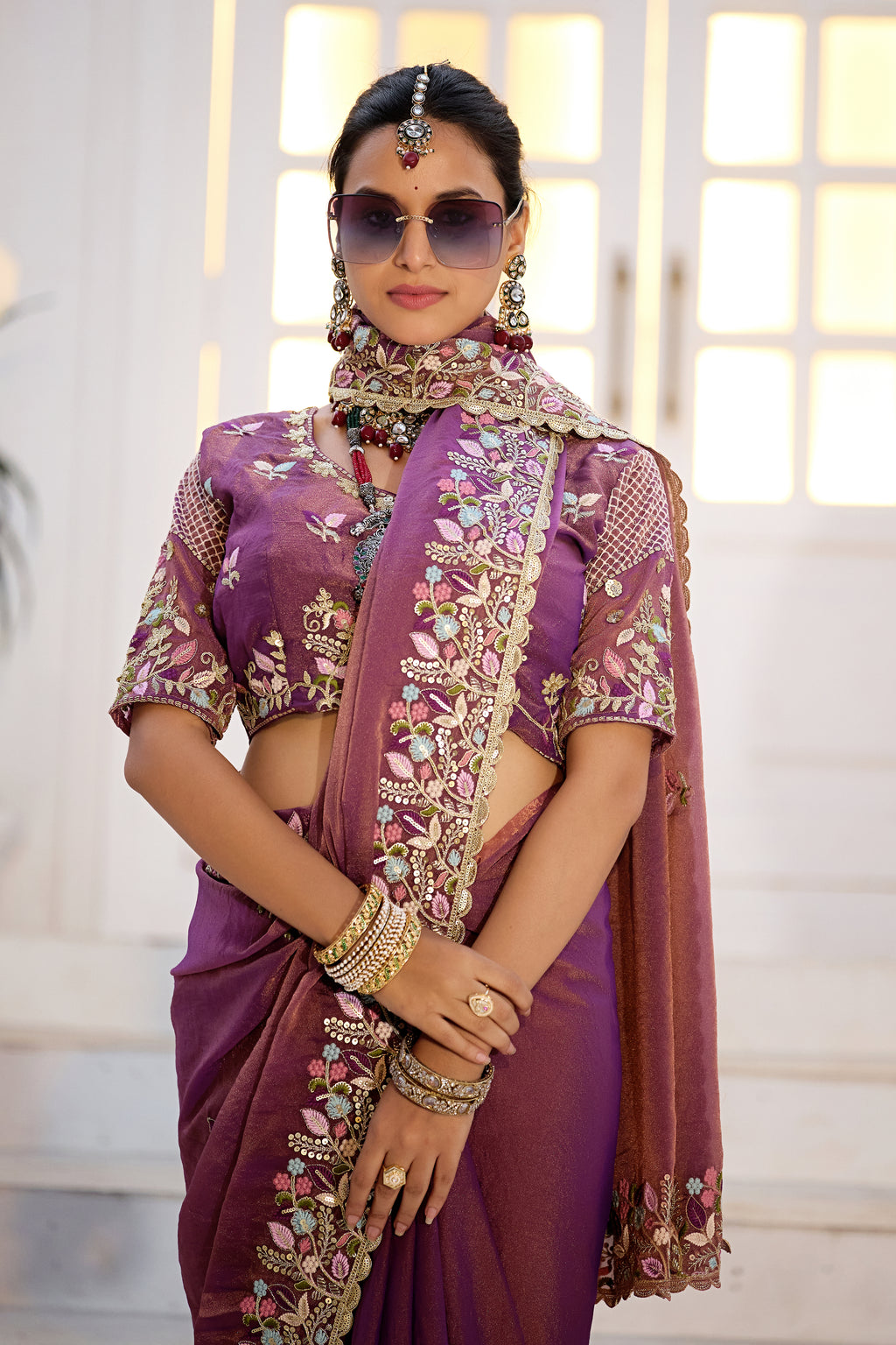 Mohini Moss Shimmer Embroidered Saree with Designer Blouse