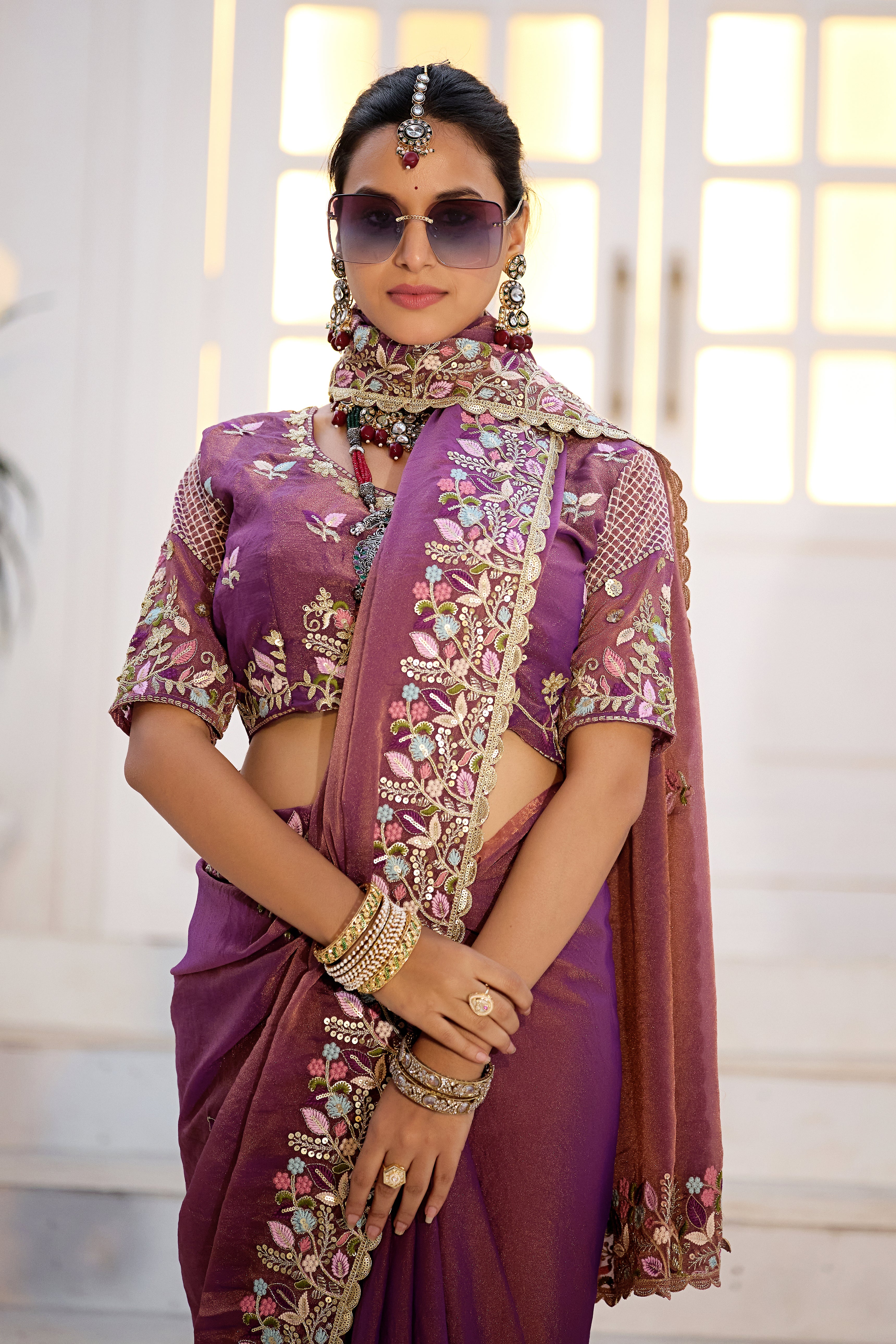 Mohini Moss Shimmer Embroidered Saree with Designer Blouse