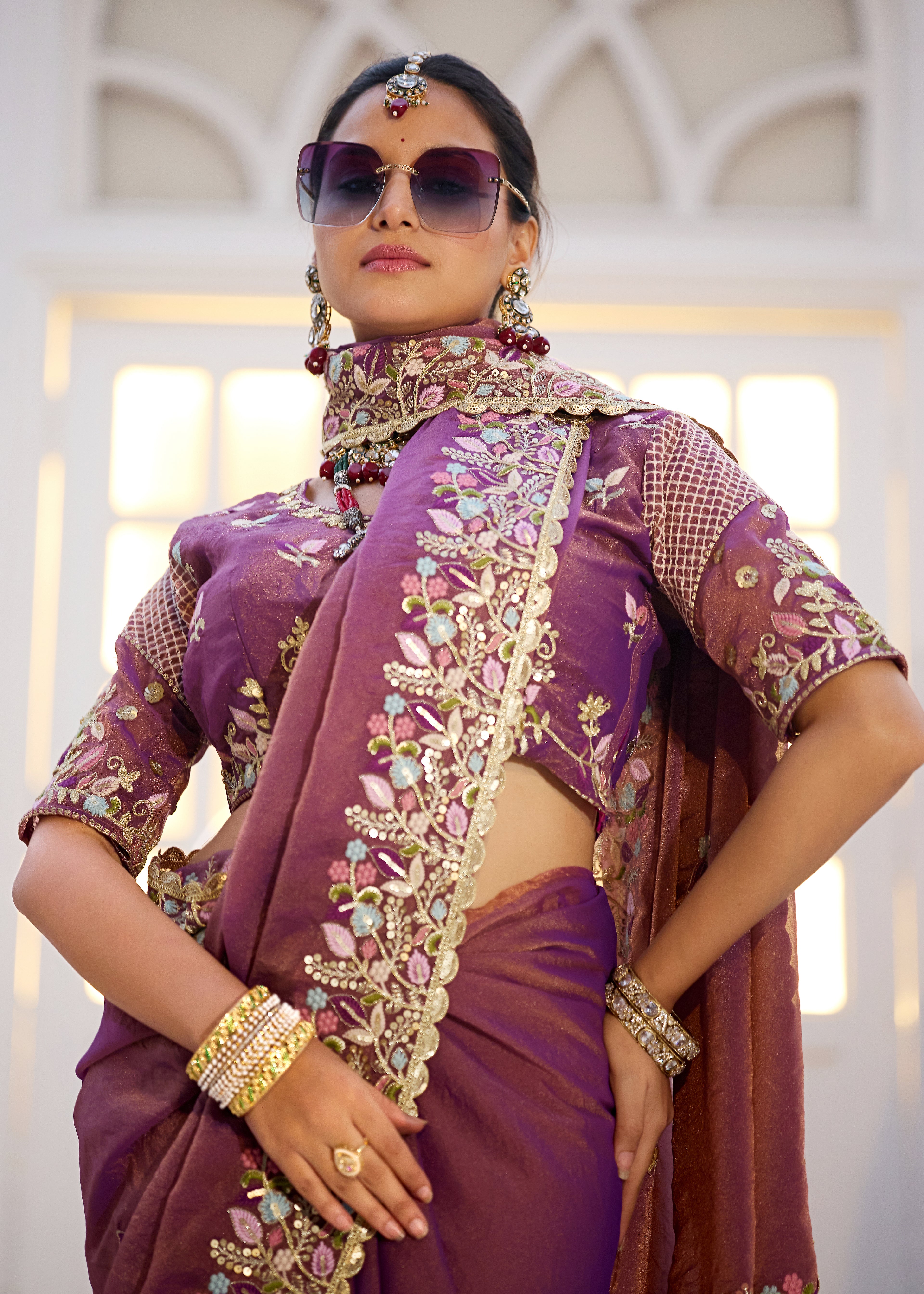 Mohini Moss Shimmer Embroidered Saree with Designer Blouse