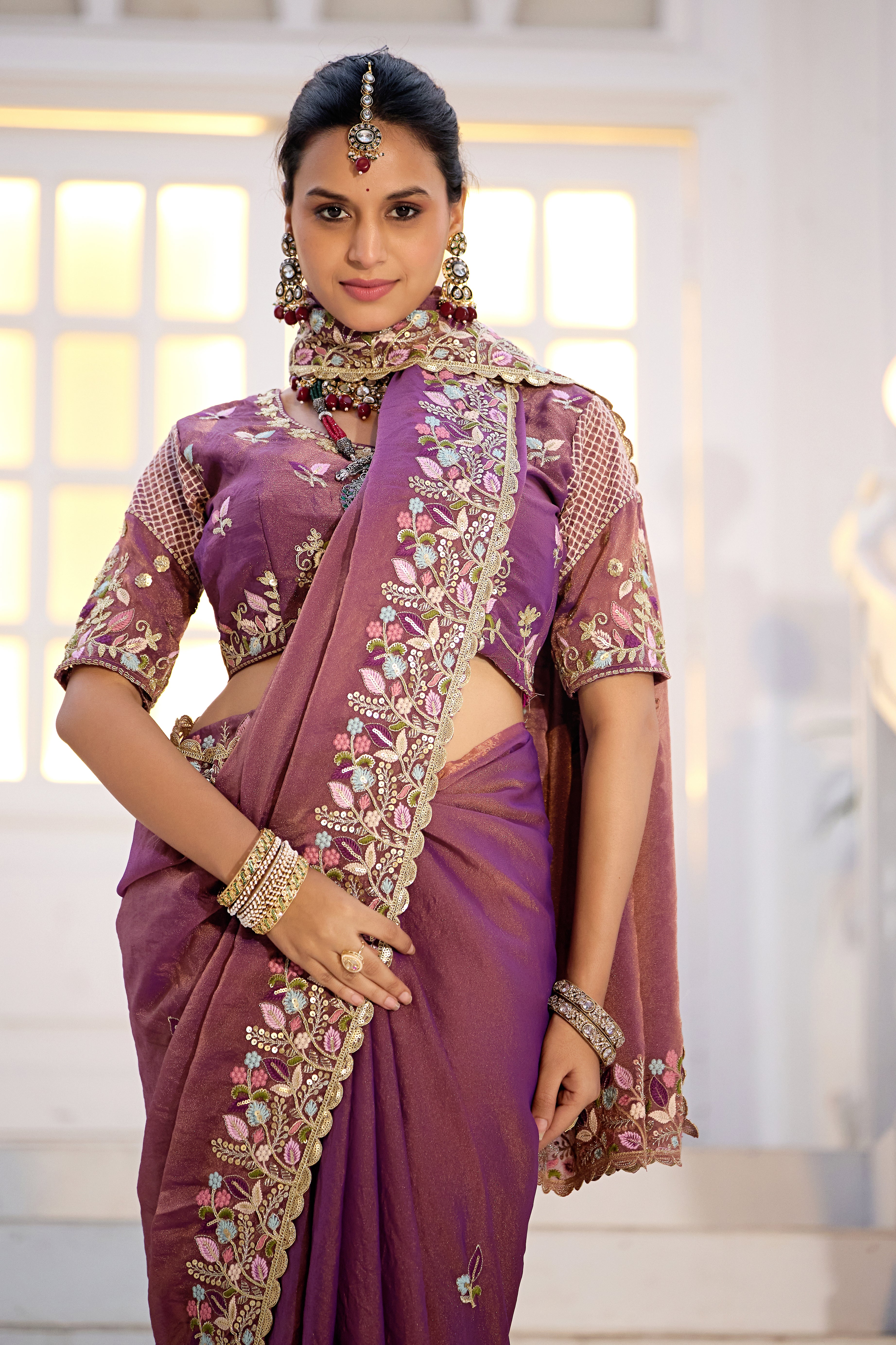 Mohini Moss Shimmer Embroidered Saree with Designer Blouse