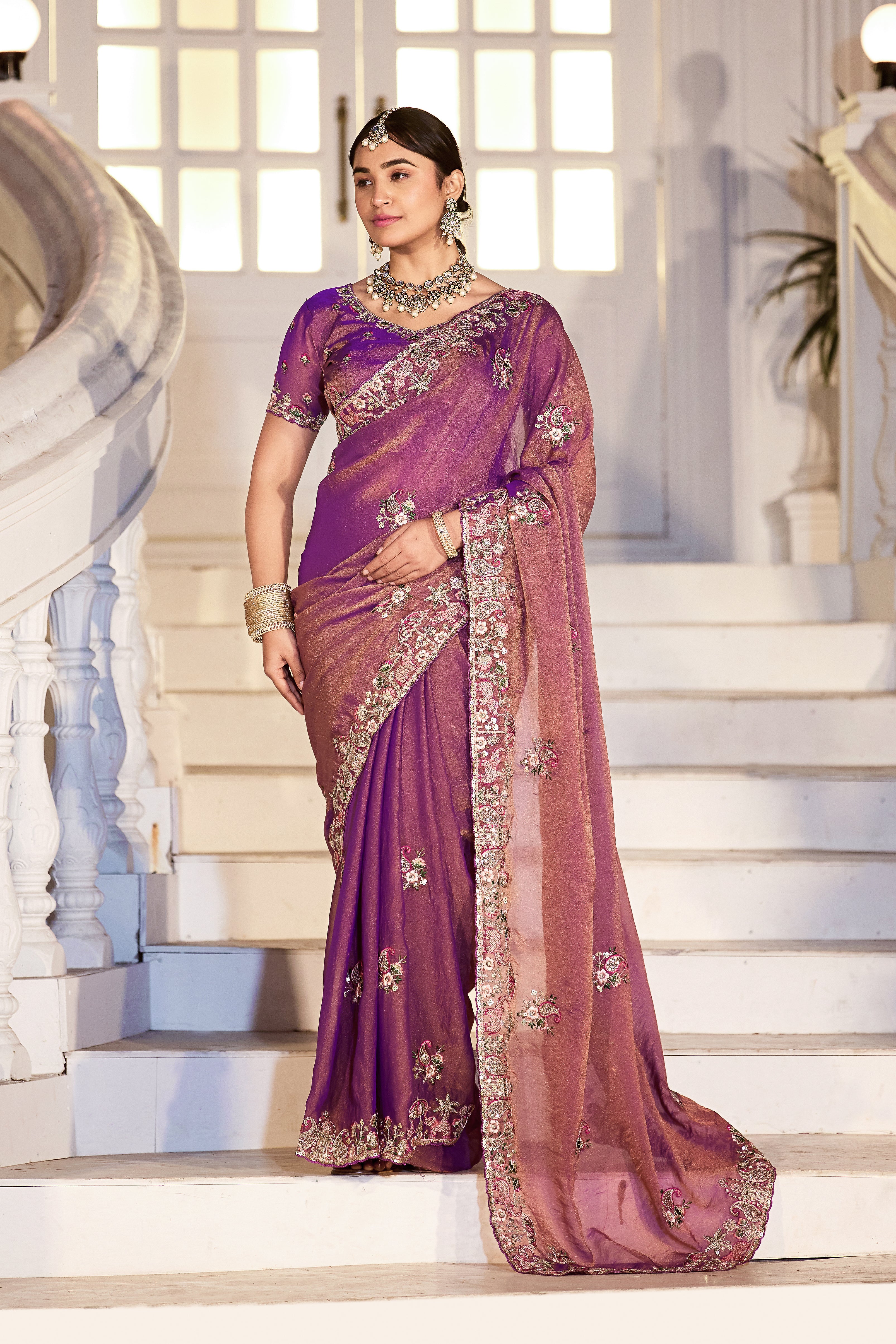 Nazakat Moss Shimmer Embroidered Saree with Designer Blouse