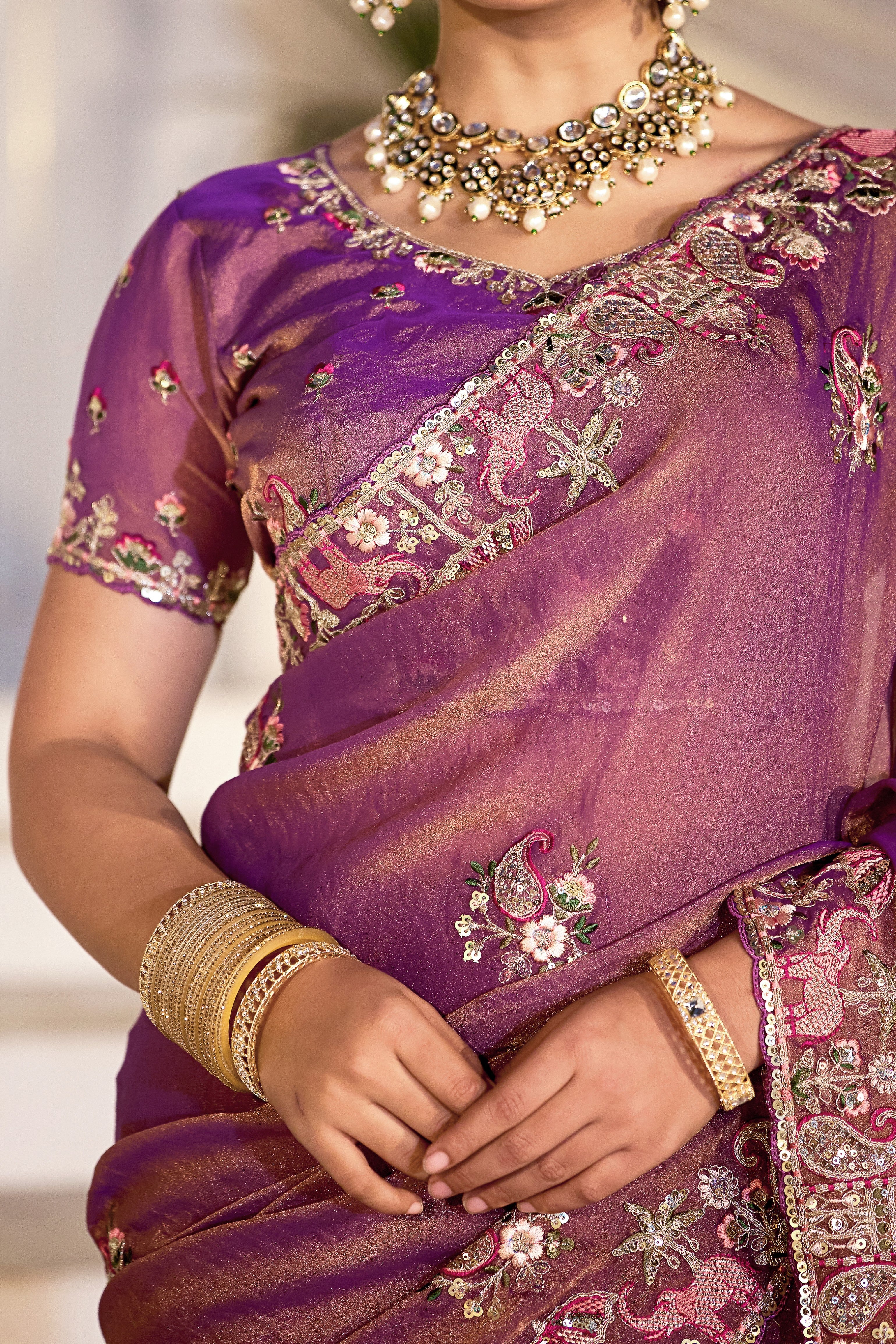 Nazakat Moss Shimmer Embroidered Saree with Designer Blouse