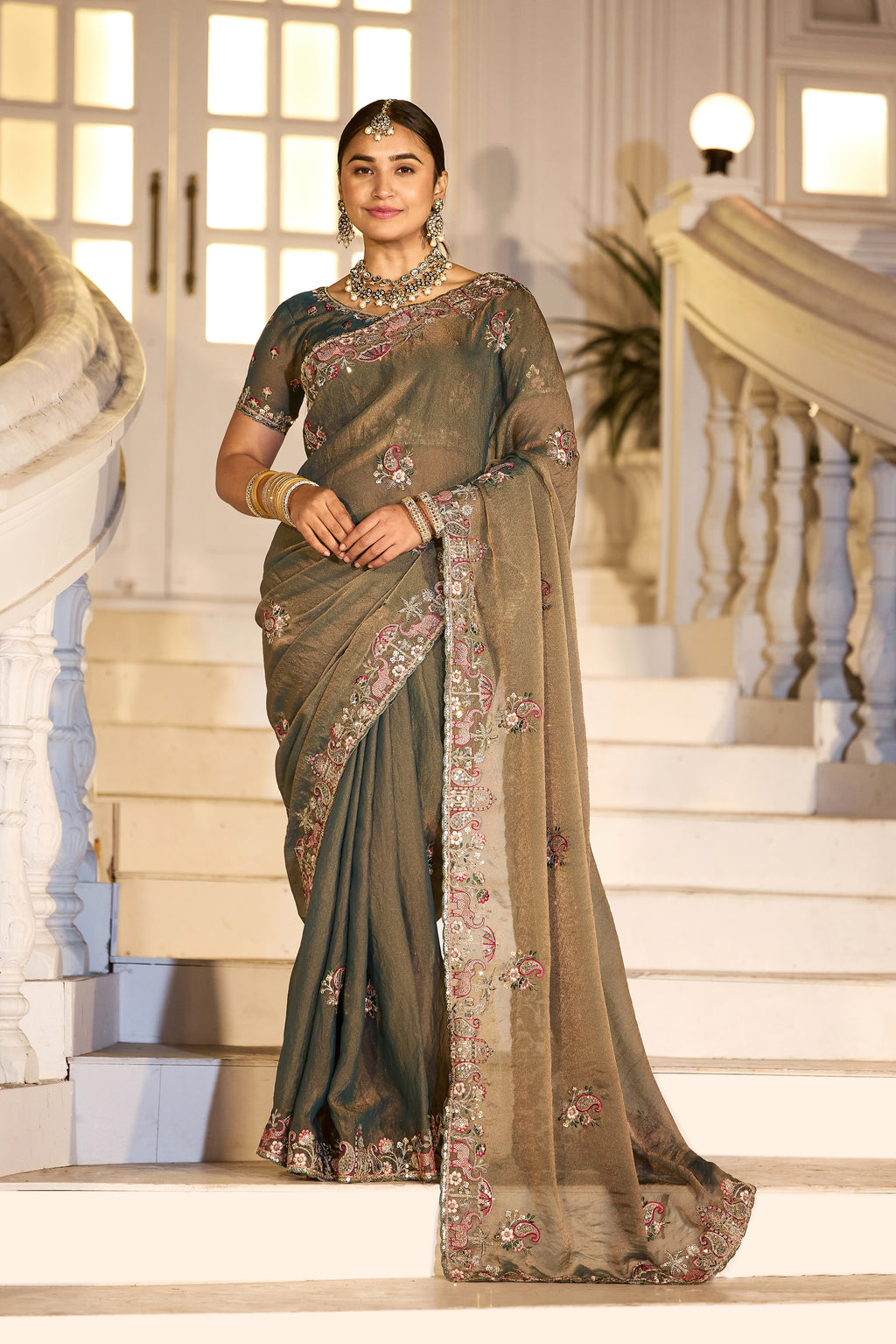 Nazakat Moss Shimmer Embroidered Saree with Designer Blouse