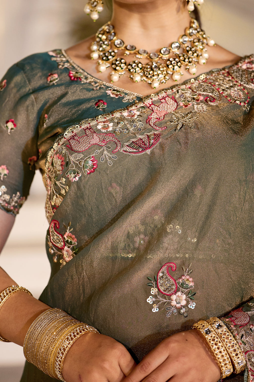 Nazakat Moss Shimmer Embroidered Saree with Designer Blouse