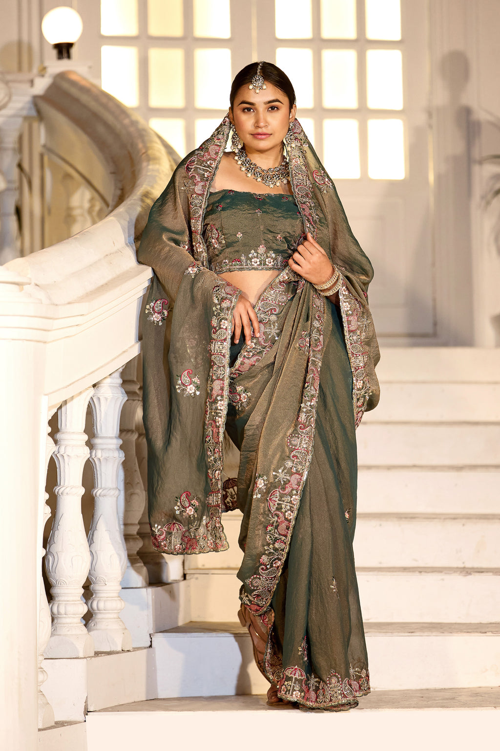 Nazakat Moss Shimmer Embroidered Saree with Designer Blouse