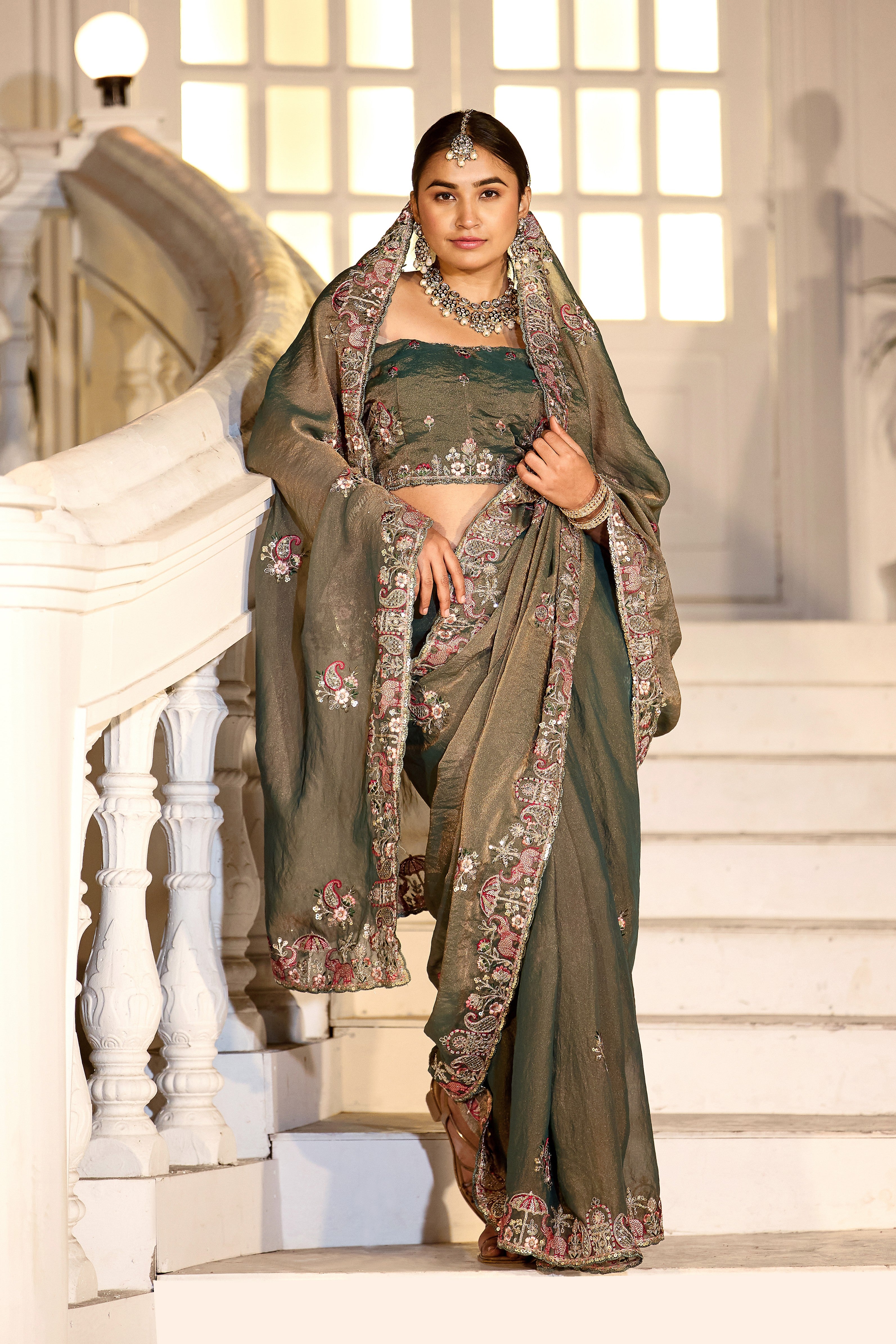 Nazakat Moss Shimmer Embroidered Saree with Designer Blouse