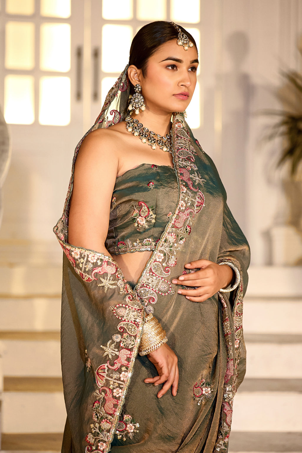 Nazakat Moss Shimmer Embroidered Saree with Designer Blouse