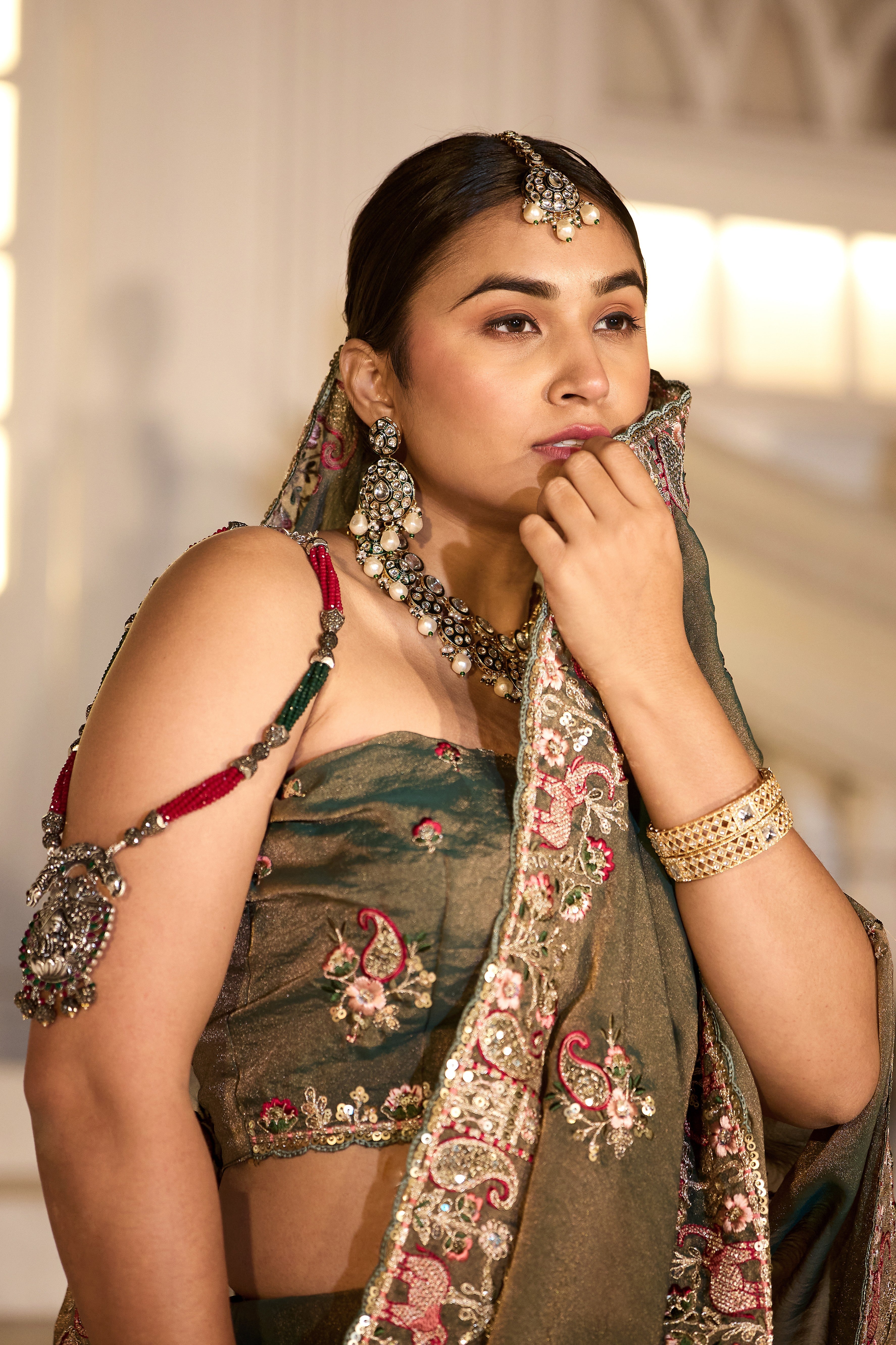 Nazakat Moss Shimmer Embroidered Saree with Designer Blouse