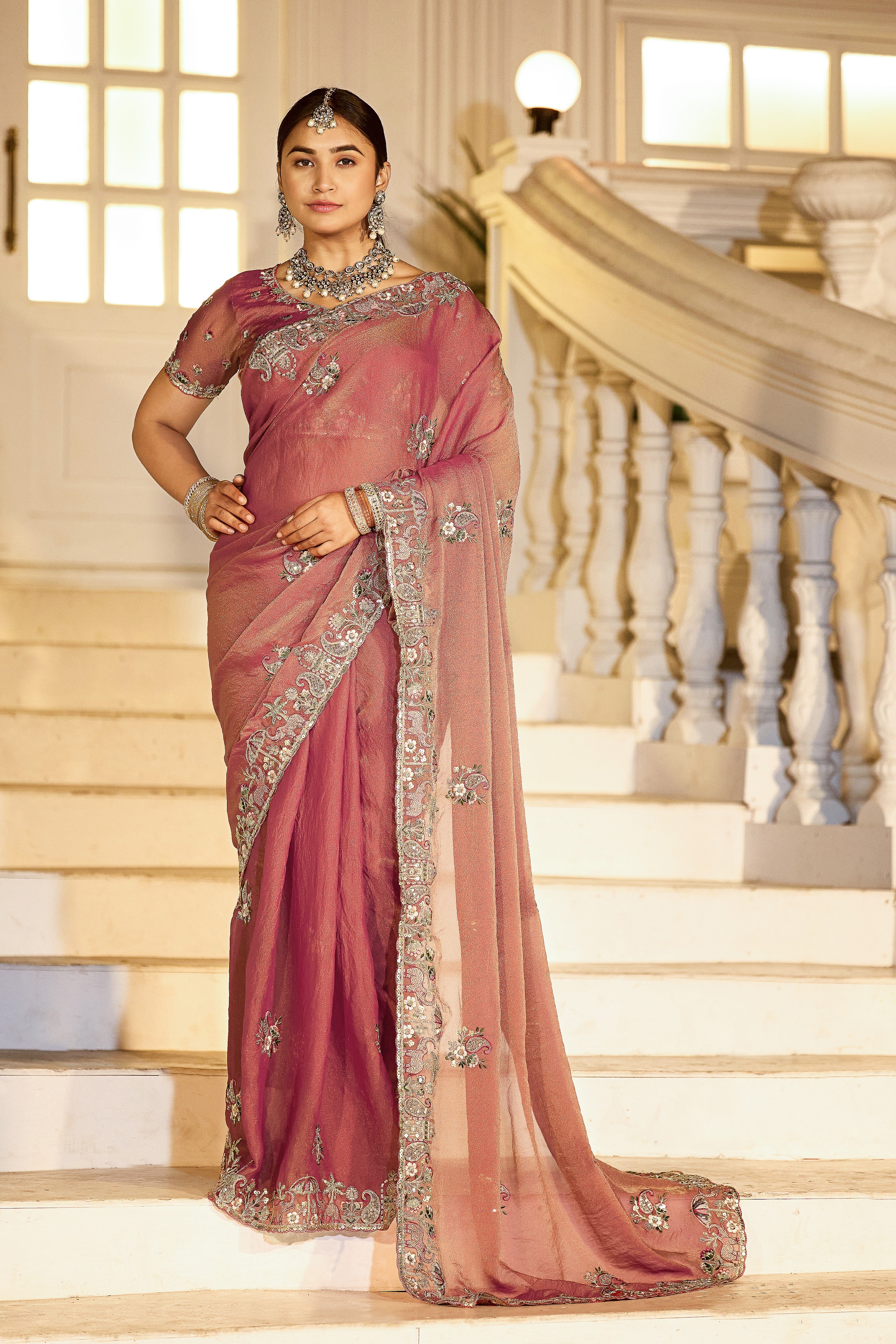 Nazakat Moss Shimmer Embroidered Saree with Designer Blouse