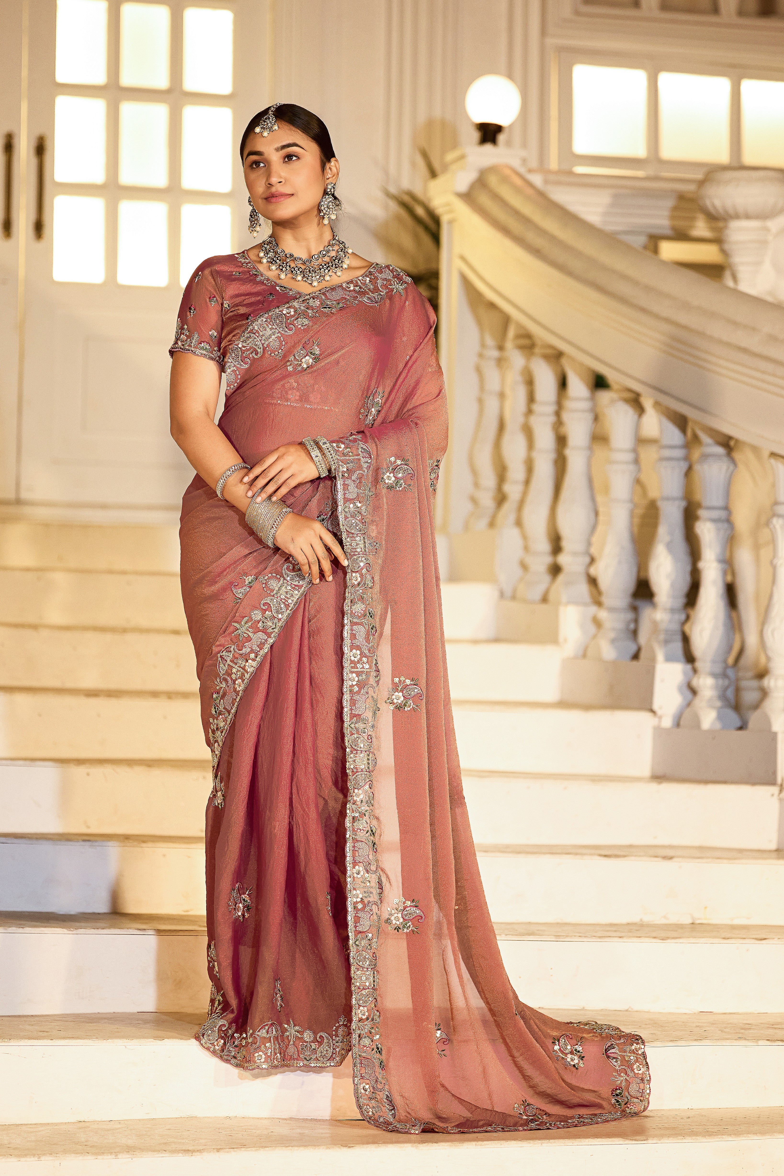 Nazakat Moss Shimmer Embroidered Saree with Designer Blouse